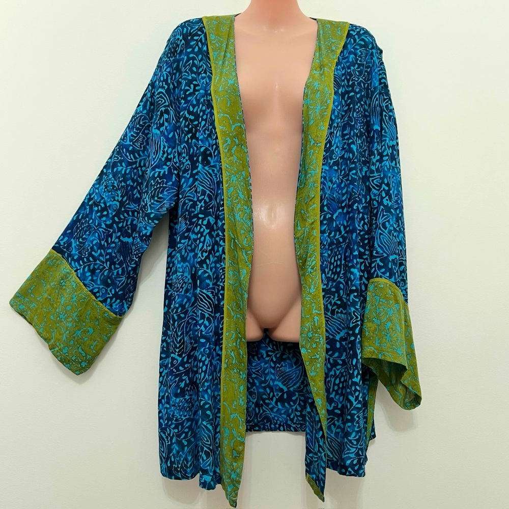 NWT SOFT SURROUNDINGS Islamorada Blue Green Koi Fish Open Cardigan Boho Resort - Picture 2 of 9